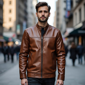 Col design à quatre poches zippées pour hommes coupe ajustée Vestes en cuir véritable | Veste en cuir de vache coupe-vent pour hommes Logo personnalisé - Product Image 6