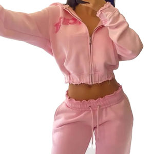 Ensemble de survêtement pour femmes de haute qualité, broderie usée, streetwear, deux pièces, sweat-shirt à capuche court zippé et pantalon de survêtement à jambes larges - Product Image 2