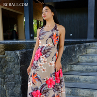 Venta caliente Boho Chic Rayon Halter Neck Floral Maxi vestido para mujer Casual sin mangas para vacaciones de verano Resorts de alta calidad