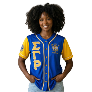 Maillot de baseball Sigma Gamma Rho bleu roi et or pour femme, avec lettres grecques, boutonné, vêtement de sororité SGR, coupe athlétique - Product Image 1