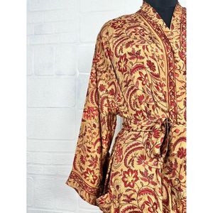 Boho Vintage <b>Silk</b> Sari Dressing Gown Recycled Robe Kimono Beach Cover-up Beige <b>Red</b> Bridesmaid Anniversary Swimsuit Cover Ups - Product Image 3