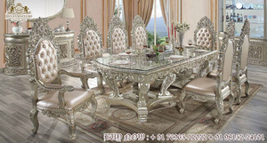 Ensemble de table à manger de luxe en or poli pour 8 personnes, table à manger royale en teck sculpté à la main, table à manger haut de gamme, table à manger lourdement sculptée, USA - Product Image 5