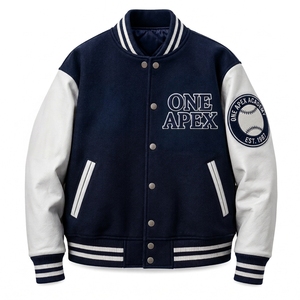 Premium Navy <b>Leather</b> Sleeve Letterman <b>Jacket</b> Wool Body Embroidered Patch Bomber College Streetwear <b>Jacket</b> Custom OEM ODM Bulk US - Product Image 1