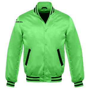 Chaquetas universitarias de alta calidad de satén brillante para hombres Logotipo personalizado Moda callejera OEM Estilo de béisbol Cremallera Cuello alto - Product Image 3