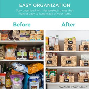 Cesta de almacenamiento multifuncional, cesta de despensa de jacinto de agua, organizador de cocina tejido gris, cesta de almacenamiento de etiquetas de pizarra - Product Image 6