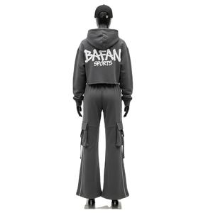 <b>Women</b> Luxury Fleece Tracksuit Set 320 GSM Cotton Polyester <b>Grey</b> <b>Cargo</b> Panel Design With Embroidery Logo plus size Tracksuits - Product Image 2