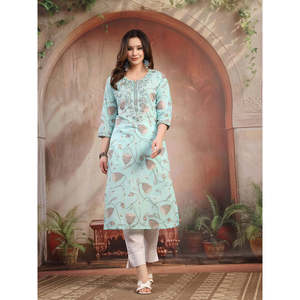 Kurta de Algodón Verde Bordada para Mujer, Blusa Modesta - Product Image 1