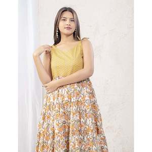 Vestido de algodón estampado Jaal blanco y amarillo con tirantes, diseño personalizado, elegante, casual, largo hasta el suelo, transpirable, ODM para el día a día - Product Image 1