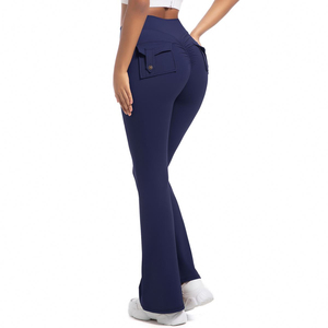 Women's High Waist <b>Yoga</b> Flare Pants Elastic Waist Closure Scrunch Butt Running Bell Bottom Tight Pocket Gym Wide Leg <b>Leggings</b> - Product Image 5