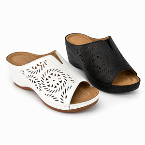 Mules pour femmes découpées au laser à bout ouvert, sandales d'été respirantes en cuir PU - Product Image 1
