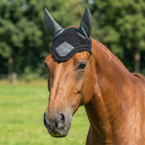 Voile anti-mouches noir en crochet à motif peau de serpent, cache-oreilles élégants faits à la main, bonnet équestre rembourré doux et confortable pour l'équitation - Product Image 1