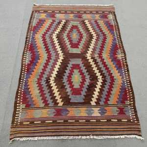 3.1x4.8 ft Rug, Vintage Kilim Rug, Turkish <b>Red</b> <b>Wool</b> Bordered Rug - Product Image 1