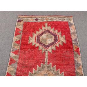 Turkish Rug, 2.8x10.3 ft <b>Runner</b> Rug, <b>Red</b> Gray Herki Wool Rug - Product Image 4