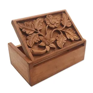 Joyero de madera grabado a mano de lujo con diseño de hoja de árbol de estilo Vintage tallado completo logotipo personalizado decoración del hogar caja de baratija - Product Image 1