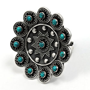 Bijoux artisanaux indiens 925 en argent Sterling oxydé Turquoise naturelle pierre précieuse bague en forme de fleur pour femme fille - Product Image 1