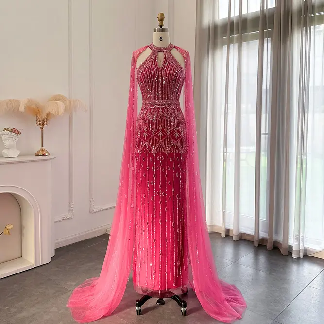 Abiti da sera rosa a sirena di lusso con maniche a mantello, abiti da festa formali per ospiti di nozze da donna, abito elegante con perline pesanti