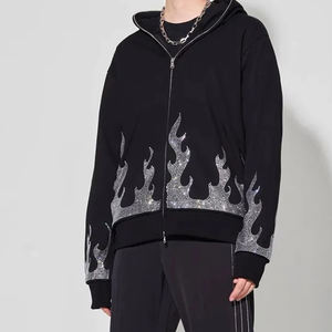 High Street Dark Style Sudaderas con capucha para hombre Nuevos productos Algodón pesado Letras con cuentas de gran tamaño Bordado personalizado Rhinestone Negro - Product Image 4