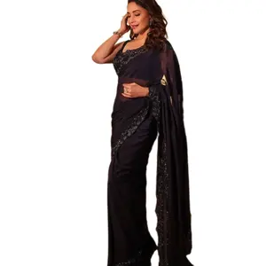 Saree de trabalho com lantejoulas bordadas para mulheres, roupa étnica indiana premium, com peças de blusa, roupa de festa, roupa de Saree