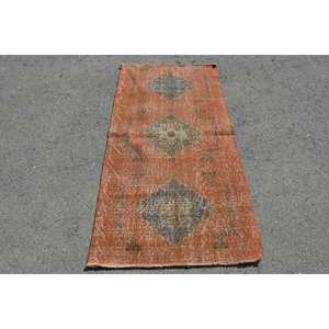 Vintage 29 'X 57' Orange & bleu tapis en laine turque tissage plat Patchwork Design pour décorations de salon support en Latex - Product Image 1