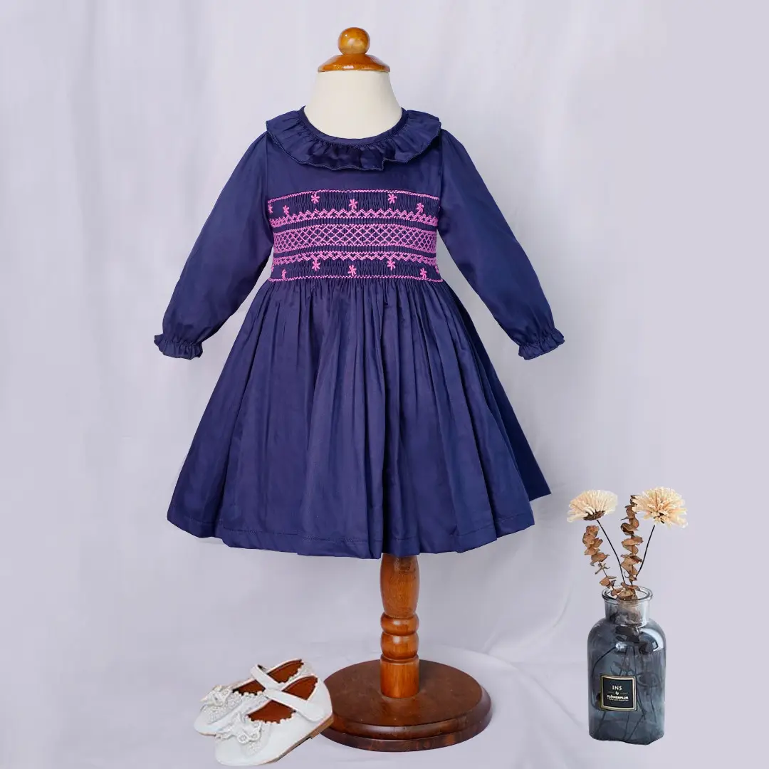 Dark Blue Cotton Dress Angel Sleeve Embroidered Smocked Dress Cotton Long Sleeve For Toddler Girls