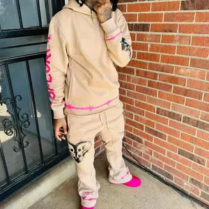 Custom Logo DTG Print <b>Graphic</b> Men Sweat Suits Vintage Acid Wash Flared Sweatpants and <b>Zip</b> <b>up</b> <b>Hoodie</b> Set Men Stacked Tracksuits - Product Image 3