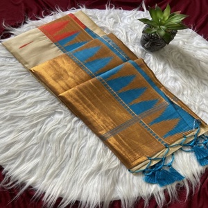 Sari de Seda Tussar Suave para Festivales con Tejido Zari y Atractivo Diseño de Templo, Fabricante de Moda Femenina en Venta - Product Image 1