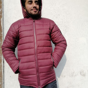 Custom Men's Lightweight Warm Autumn Puffer <b>Jacket</b> with Stand Collar Waterproof & Eco-Friendly Maroon Color - Product Image 1