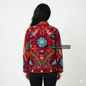 Veste coupe-vent en coton tricoté brodé de fleurs bleues en gros pour femmes, style ethnique suzani fait à la main, hiver - Product Image 3