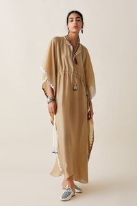 Ropa de mujer Ropa de playa Traje de baño Cubrir Casual Túnica con cuello en V Verano Maxi Vestido 2024 Azul sólido Tallas grandes Kaftan largo a granel OEM - Product Image 6