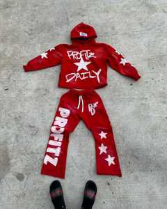 Top Fashion Serigrafía Oversized Acid Wash Sudaderas con capucha desgastadas Pantalones de chándal acampanados apilados y chándal con capucha para hombres - Product Image 1