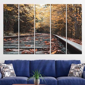 Impresión en lienzo de vías de tren de otoño: elegante arte de paisaje para pared, JUEGO DE 5 LIENZOS - Product Image 1