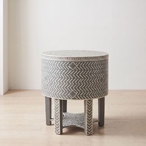 Mesa de Noche Redonda Hecha a Mano con Incrustaciones de Hueso Gris, con 2 Cajones, Mueble de Dormitorio de Lujo, Decoración para el Hogar - Product Image 2