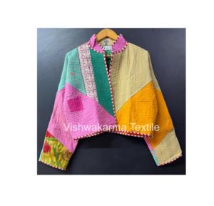 Vintage Kantha Quilted <b>Short</b> <b>Jacket</b> Women Handmade Reversible Cotton Autumn/Winter Finished Winterwear Coat Gift for Her - Product Image 1