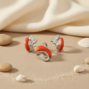 Juego de Aretes Finos para Mujer con Piedras Preciosas de Coral Plateado, Elegante Regalo de Joyería - Product Image 2