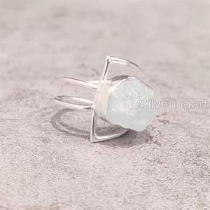 Bague pour femme en argent sterling 925, pierre précieuse naturelle aquamarine, pierre de naissance de mars, double bande, bijoux faits à la main, Noël - Product Image 2