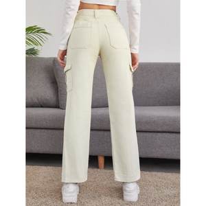 OSCA INTERNATIONAL Crème Y2K Écologique Durable 6 Poches Style Urbain Femme Taille Haute Coupe Droite Extensible Respirante Plissée - Product Image 2