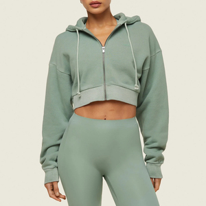 Top Trending Factory Top Quality Custom Streetwear Thick Cotton <b>Crop</b> Hooded <b>Zip</b> <b>up</b> Women Solid Color Hoodie - Product Image 1