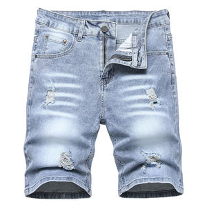 Pantalones cortos de mezclilla azul claro 2025 100% cintura de algodón recto con estilo desgastado con logotipo personalizado - Product Image 1