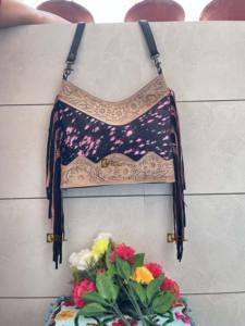 Real Leather <b>Boho</b> Fur Sling <b>Bag</b> Western Style Carved Tassel with Metallic Fringe Zipper Closure Handbags for Gifts - Product Image 5