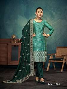 Hermoso Evergreen Fancy Designer Outfit Vichitra Salwar Suit & Dupatta con bordado Servoswaki Diamond Work Mujer Moda - Product Image 3