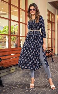 Latest Heavy Rayon FOIL Prints Naira <b>Suit</b> Belt and Neck Embroidered Work Kurtis Collection - Product Image 6