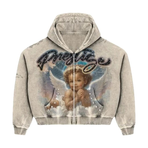 Sweat à capuche zippé ange gris vintage Veste streetwear graphique avec strass personnalisée pour hommes et femmes Sweat-shirt esthétique surdimensionné - Product Image 3