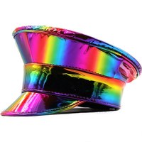 Béret Prom Performance Bar Cosplay Chapeau militaire en cuir PU Arc-en-ciel Gay Pride Laser Casquette de capitaine en cuir verni