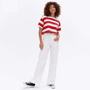 Women's Red White Crop <b>Top</b> Short Sleeve Crew Neck Casual T-Shirt Spring Summer Wear Canvas Embroidery Eco-Friendly - Product Image 2