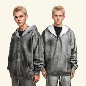 Street Style Vintage Spray Couleur Logo Personnalisé Hommes À Capuche Poids Lourd 345gsm Rembourré Coton Zip Hommes Hoodies DDP Expédition - Product Image 1