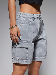 baggy jorts <b>men</b> washed grey denim <b>cargo</b> shorts high waisted baggy fit functional flap side pockets <b>cuffed</b> hem summer jorts - Product Image 5