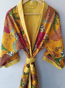 Hecho a mano estilo Kantha indio acolchado Algodón puro bata de mujer cómoda ropa de noche térmica cordón estampado de frutas verano - Product Image 5