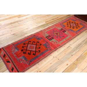 Herki Rug, 3.3x12.1 ft Vintage Rug, <b>Red</b> Bordered Rug <b>Wool</b> - Product Image 2