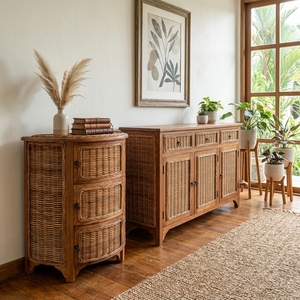 New Modern Minimalist Sumba Wooden Storage Cabinet Natural Rattan Wicker 3 Drawers Chest <b>Side</b> <b>Table</b> Storage Unit Nightstand - Product Image 2