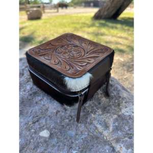 Tooled Leather Cowhide Jewelry Box-Square Storage <b>Display</b> <b>Case</b> for Jewelry - Product Image 3